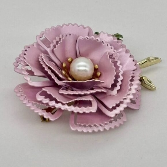 Vintage Metal and Enamel Flower Carnation Brooch Pin W/Cream Faux Pearl Unmarked - Picture 7 of 10
